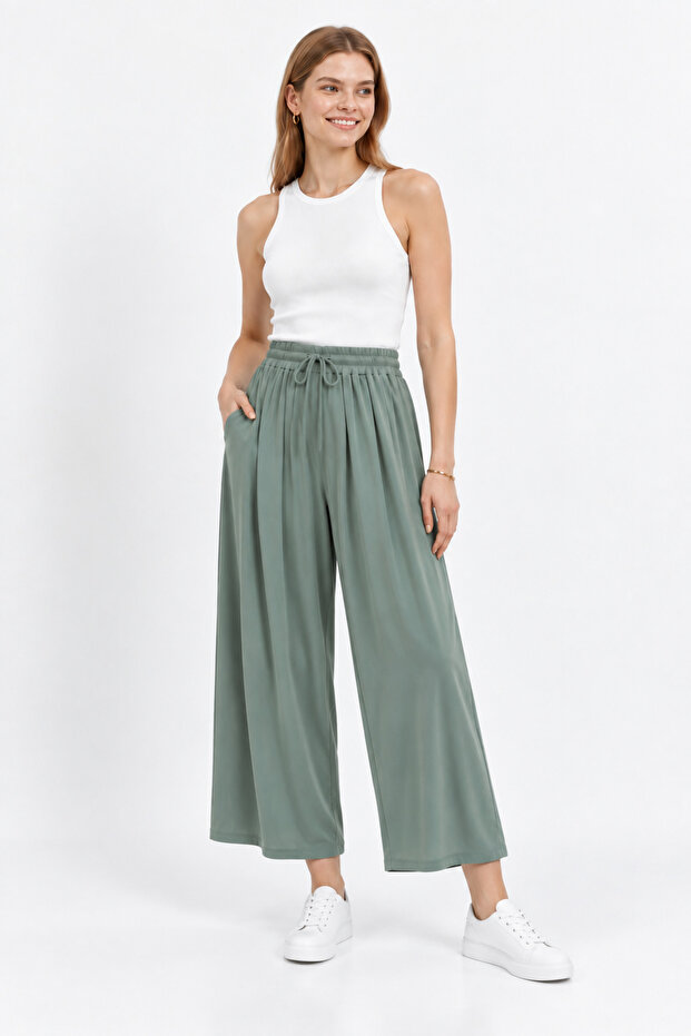 Loreen Women's Elastic Waist Lace-Up Wide Leg Pants Almond Green 20664