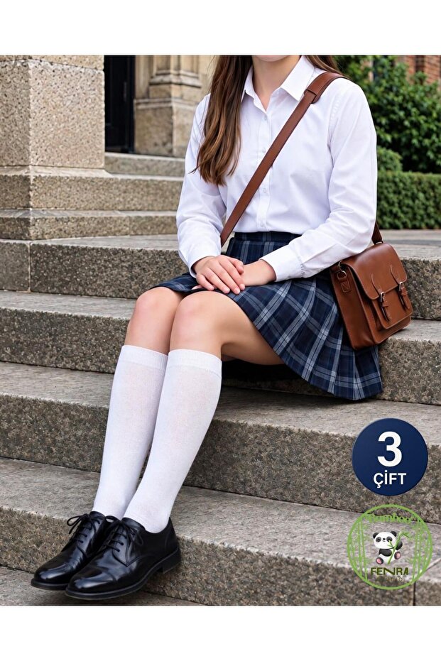 3-Piece Women's White Knee-Length Bamboo Toe Seamless School and Daily Socks