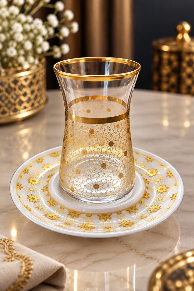 Outlet Matte Gold Heybeli Tea Set 12 Piece Tea Set