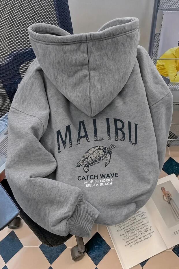 Malibu Turtle Unisex Back Printed Oversize Hooded Sweatshirt with Kangaroo Pocket Two-Strand Drawstring Hoodie