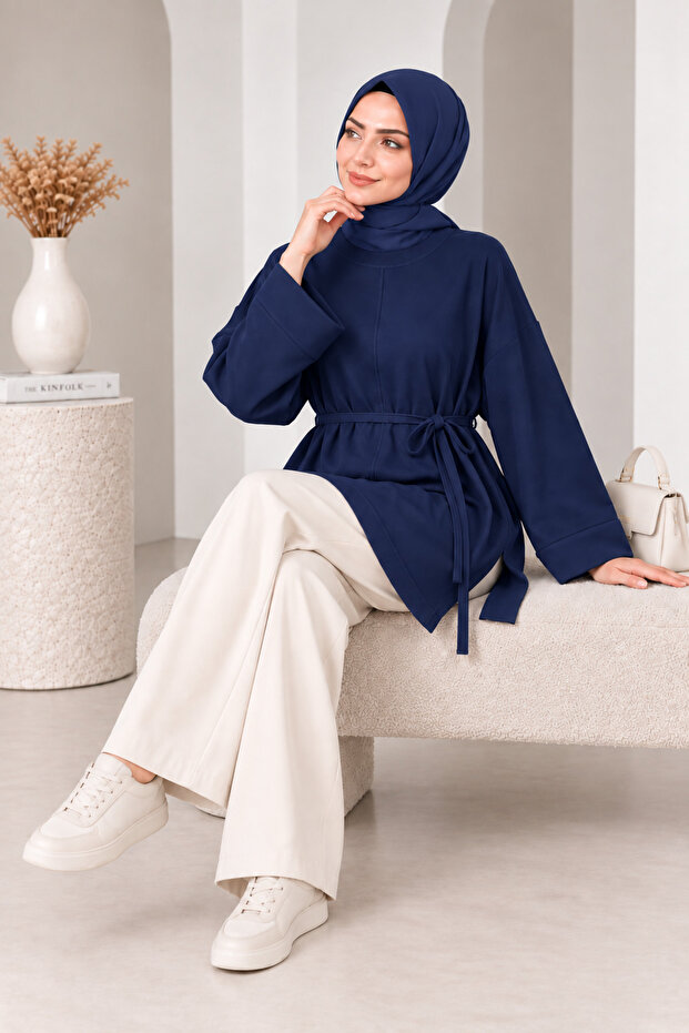 Women's Navy Blue Modal Oversize Tunic Comfortable Fit Long Sleeve Slit