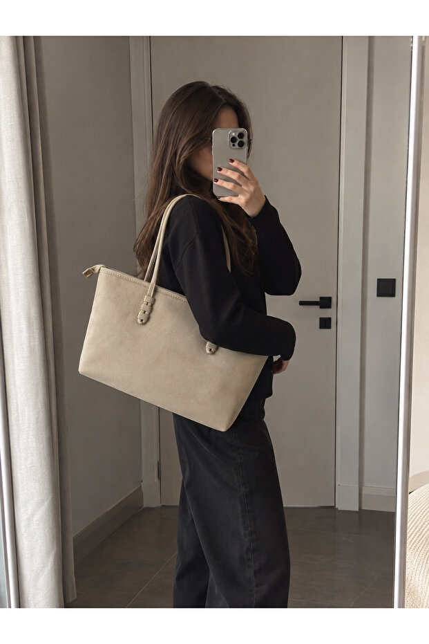Women's Cream Large Size Suede Shoulder Bag – Zippered Daily Tote Bag