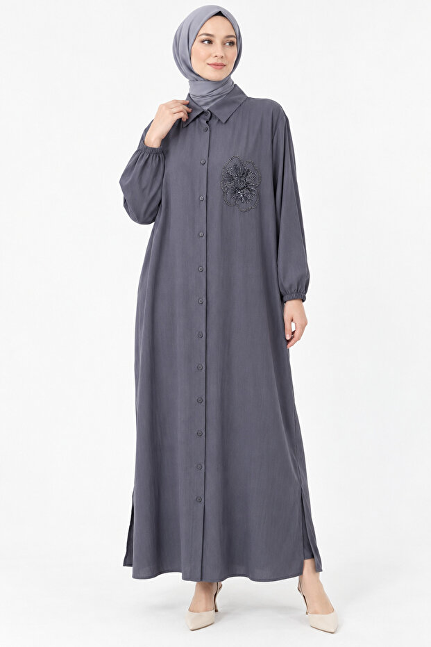 Stone Embellished Buttoned Long Tunic – Anthracite 10797