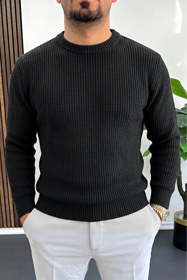 Men's Crew Neck Knitted Sweater Black Edw511