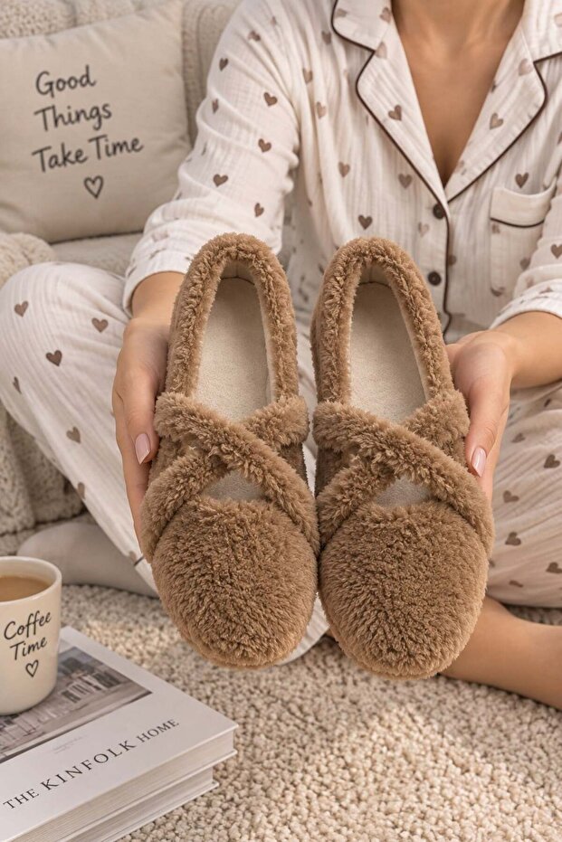 Banded Women's Home Slippers Winter Wool Inside Home Shoes Slippers a Mink Suede