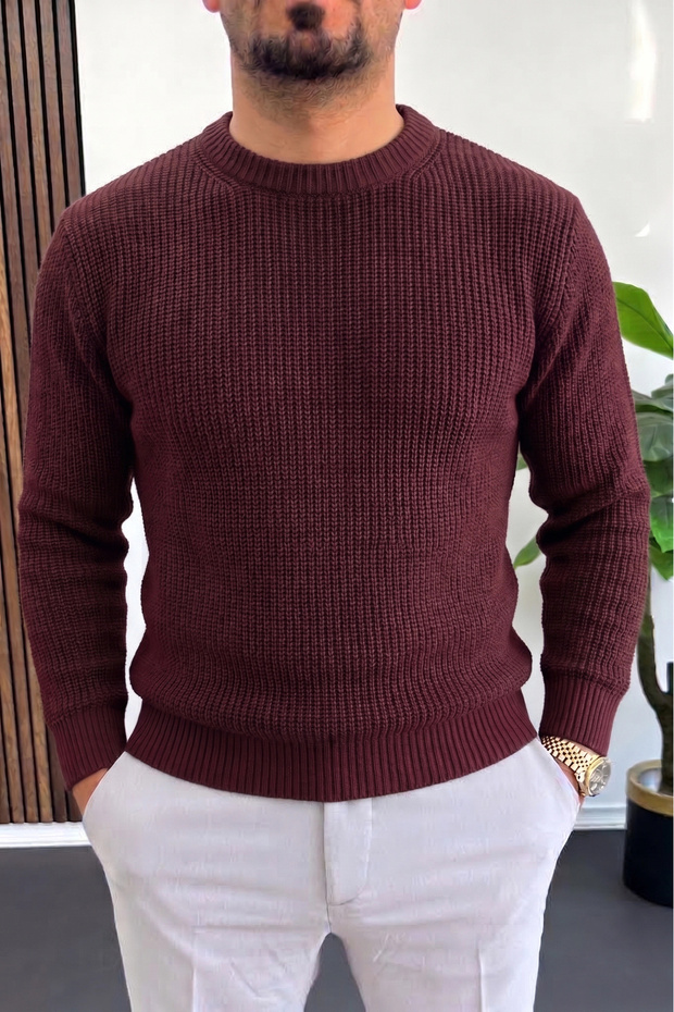 Men's Crew Neck Knitted Sweater Claret Red Edw511