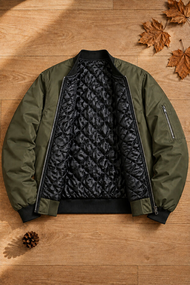 Quilted Lined Zippered Bomber Coat