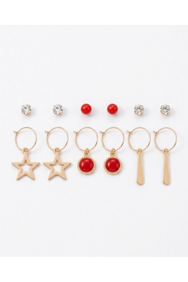 Women's Red 6-Piece Stylish Earring Set, Non-Tarnish, Stainless, Gift Boxed Women's Earrings