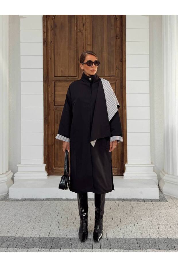 Premium Design Oversized Trench Coat with Plaid Detail