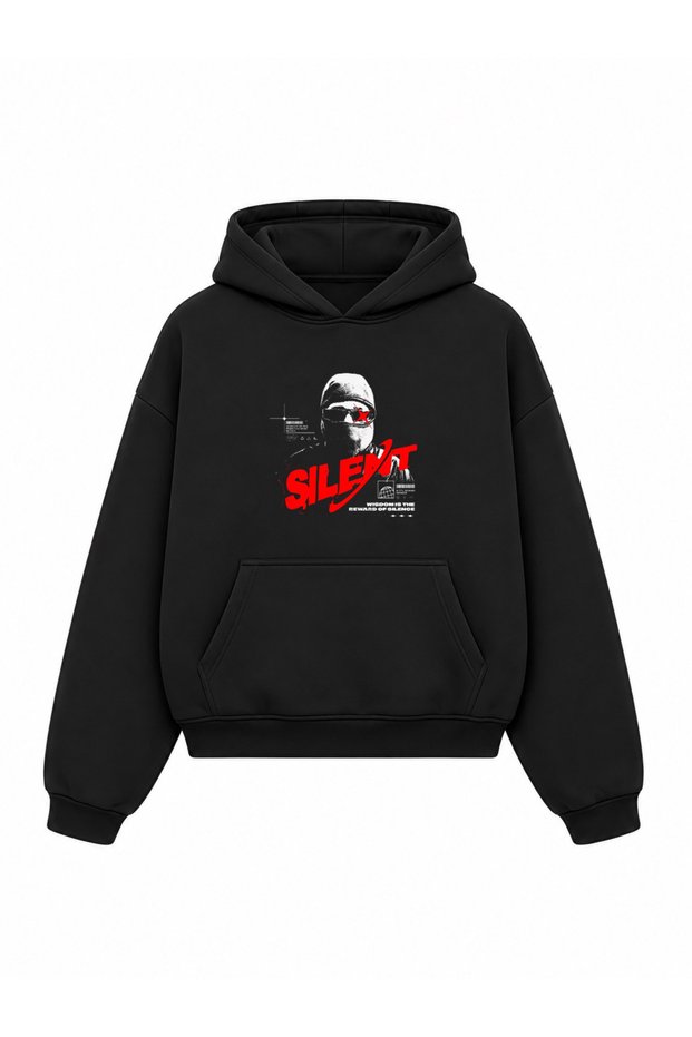 Black Printed Oversize Unisex Hooded Sweatshirt - Hoodie with Kangaroo Pocket and Inner Lining