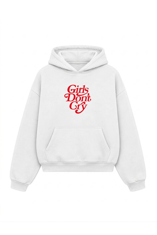 White Printed Oversize Unisex Hooded Sweatshirt - Kangaroo Pocket Hoodie with Inner Pockets