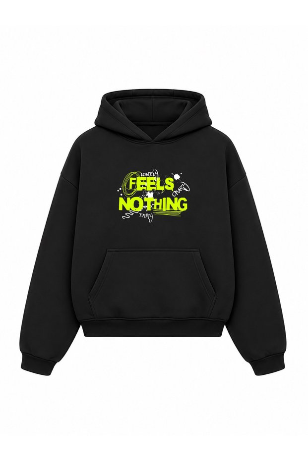 Black Printed Oversize Unisex Hooded Sweatshirt - Hoodie with Kangaroo Pocket and Inner Lining