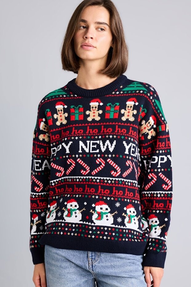 New Year's Themed Jacquard Regular Fit Crew Neck Knitwear Sweater I2631Ax26Cw