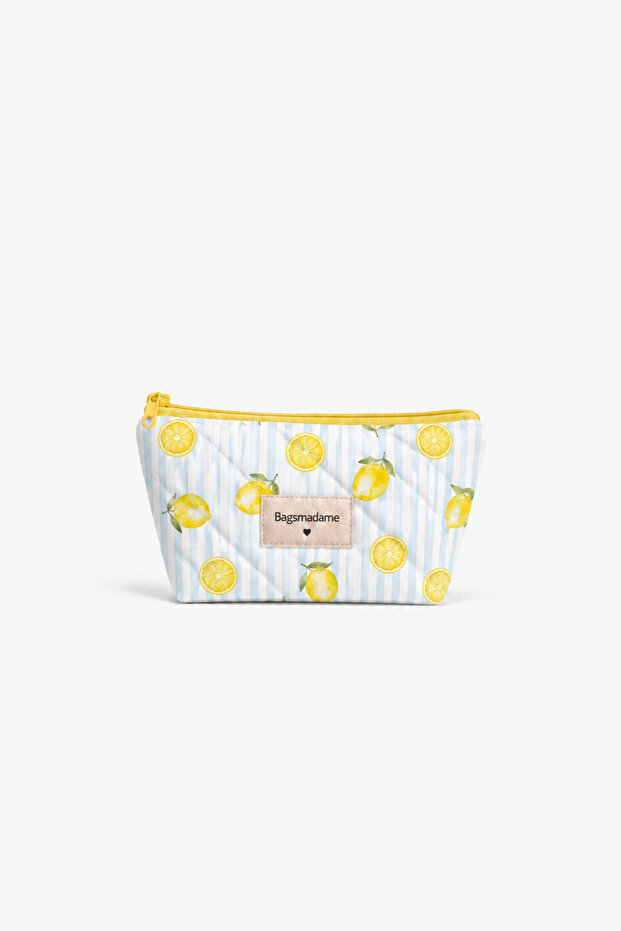 Lemon Patterned Single Compartment Pen Holder Makeup Bag Pencil Case 19X11 cm Small Size