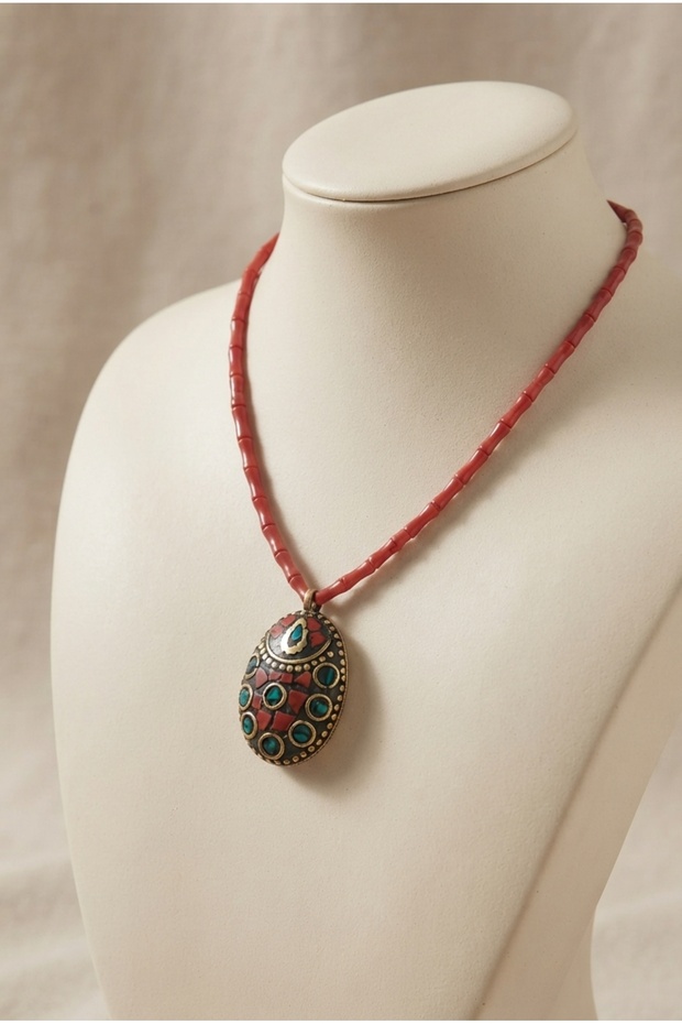 Handmade Coral Natural Stone and Brass Nepali Pendant Special Design Necklace