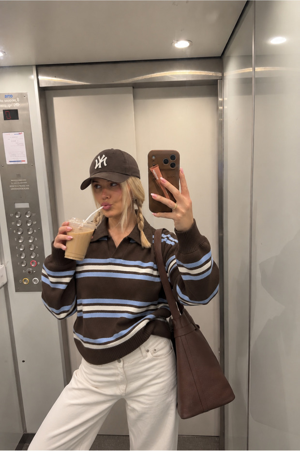 Istanbul Women's Brown Polo Collar Oversize Striped Knitwear Sweater