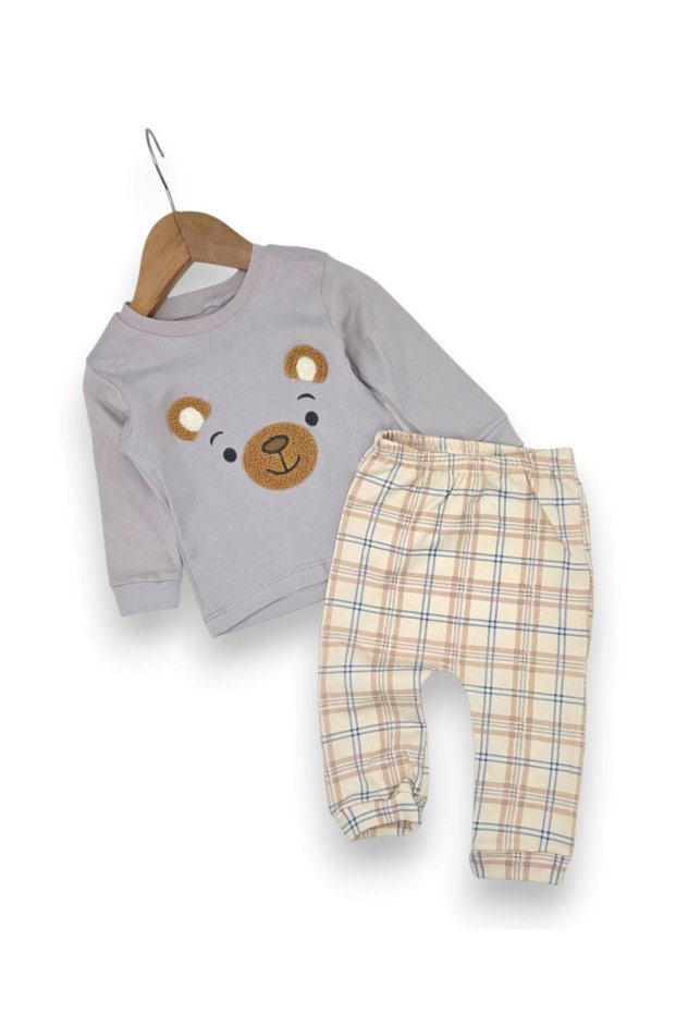Baby Boy Cute Set with Teddy Bear Embroidery and Plaid Pants for 3-6-9-12 Months Newborns