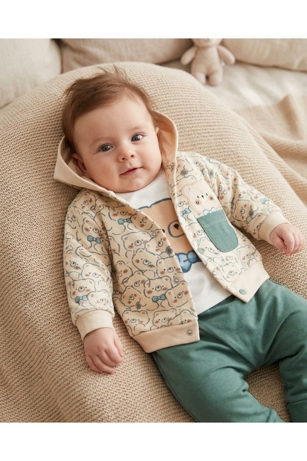 Baby Boy Newborn Teddy Bear Printed Cardigan 3-6-9-12 Months Seasonal 3 Piece Stylish Set