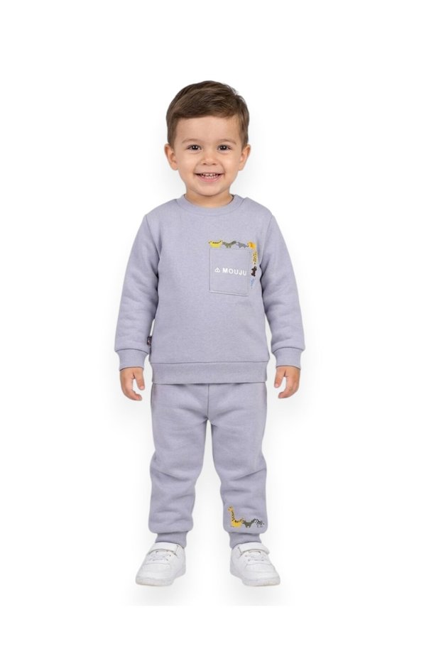 Baby Boy Winter 3 Threaded Yarn Dinosaur Printed 6-9-12-18-24 Months 2-Piece Top and Bottom Set