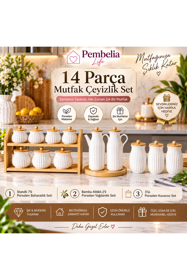 14 Piece Porcelain Set with Bamboo Stands: 2 Daisy Oil Pots, 3 Jars, 7 Spice Sets with Stands, Storage Container, Dowry Set