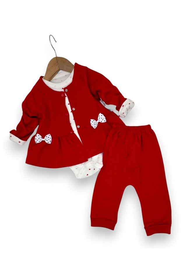Baby Girl Newborn Heart Printed Snap-On Bodysuit with Red Jacket 3-6-9-12 Months Stylish 3-Piece Set