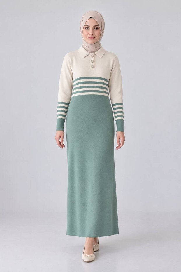 Women's striped detail polo collar knit dress
