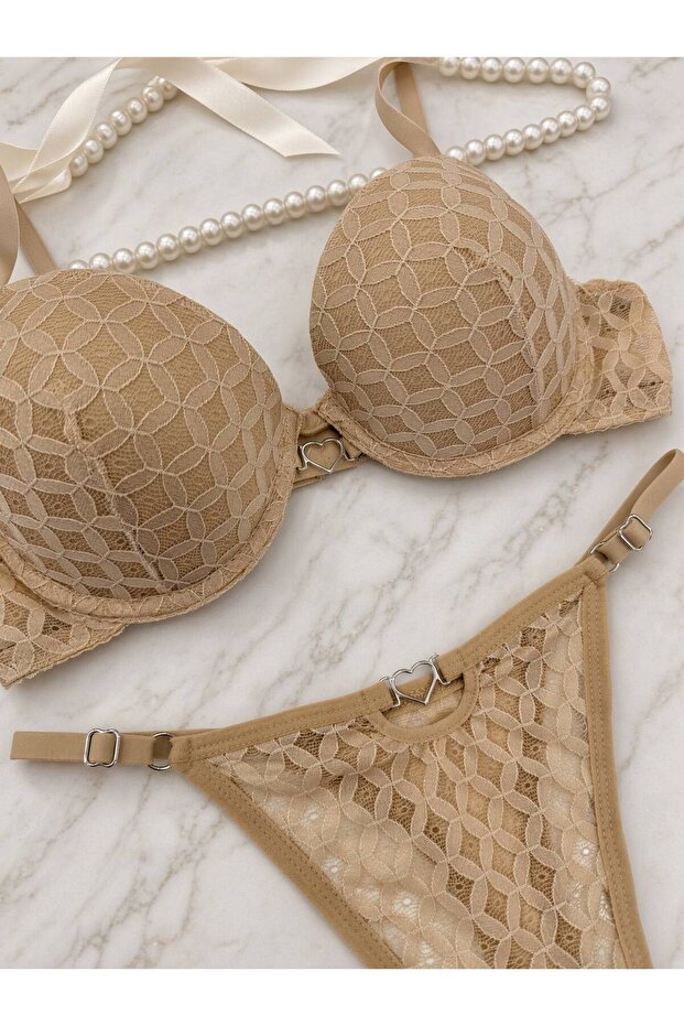 Nude Color Patterned Lace Bra Panty Set with Metal Heart Detail