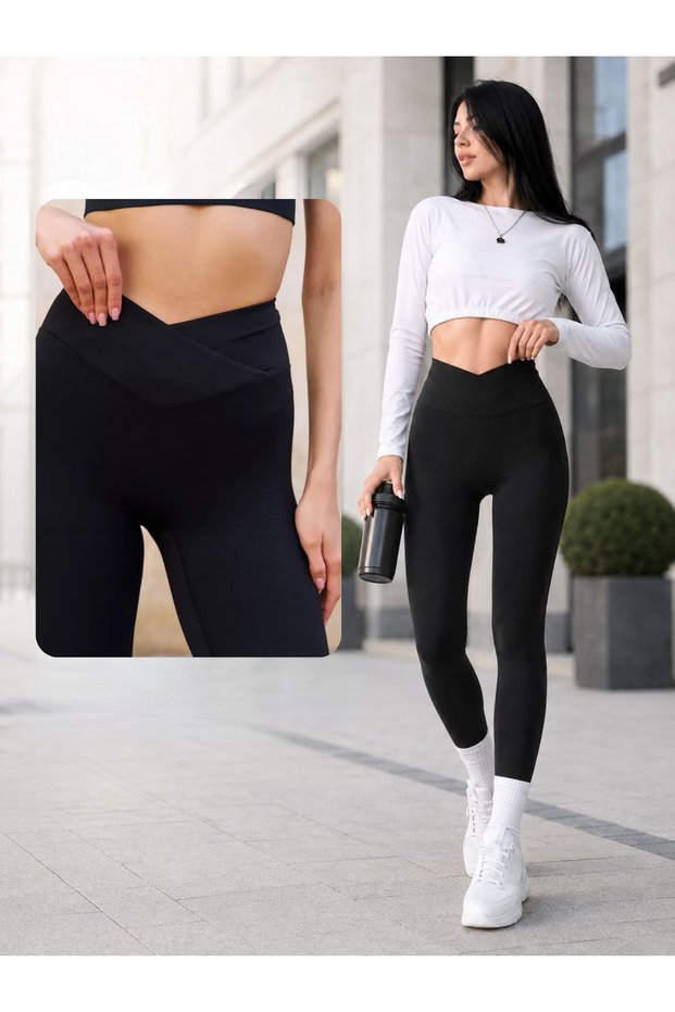Women's Cross V Waist Detailed Gathering Thermal Leggings