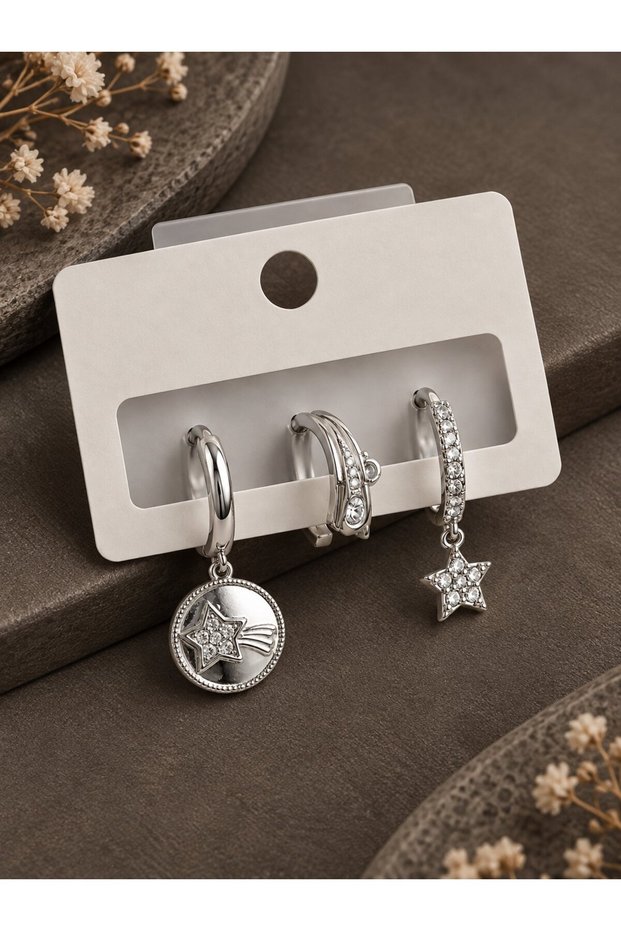 Brass Zircon Stone Dangle Star Model Silver Color 3-Piece Double Women's Earring Set