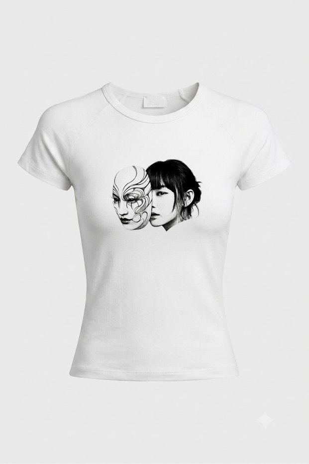 Women's White Printed Fitted Baby Tee Short Sleeve Cotton Slim Fit T-Shirt