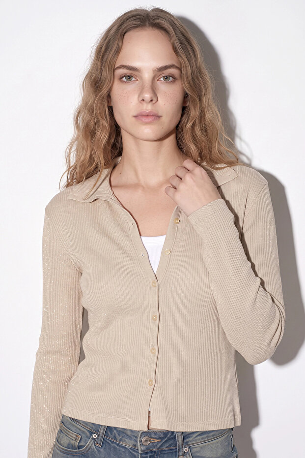 High Neck Long Sleeve Glitter Buttoned Top