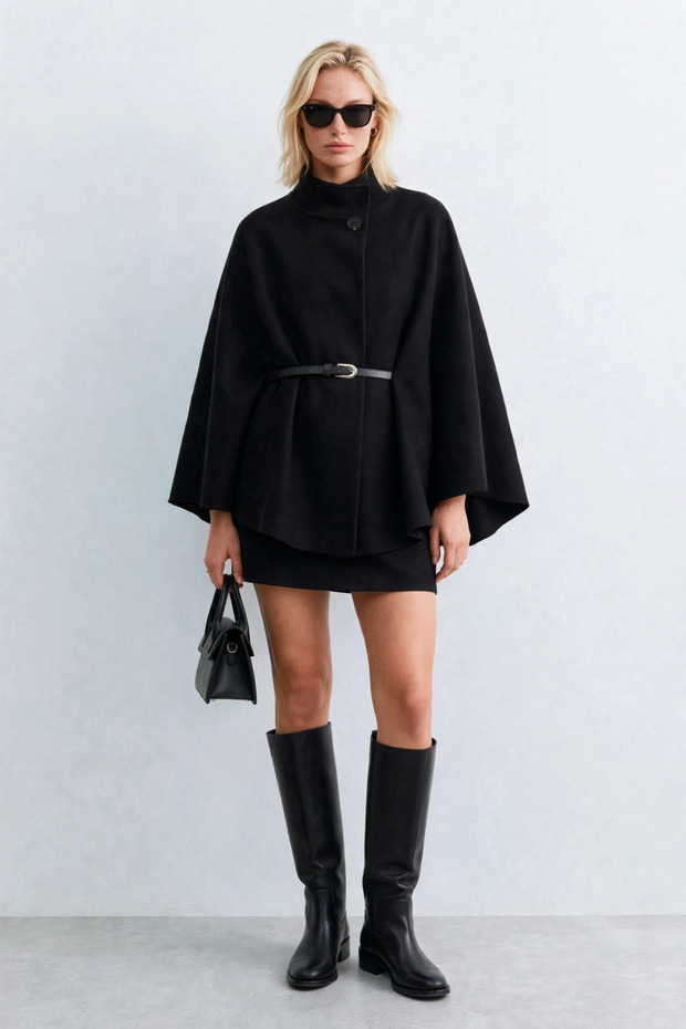 Women's belted waist stamped poncho - black