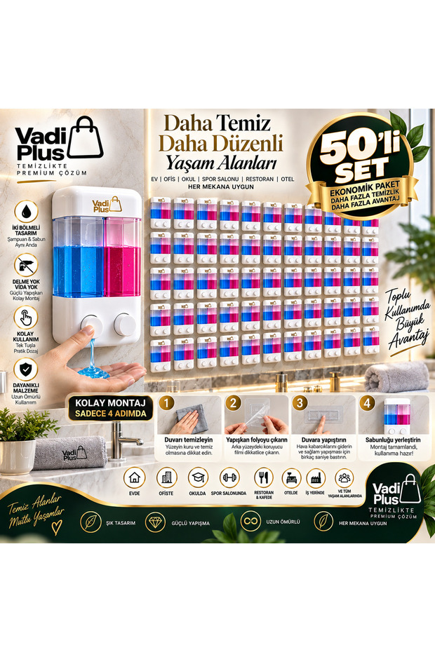 Vadi Plus 50 Pieces Double Chamber Liquid Soap Dispenser – Wall Mounted Adhesive Soap Dispenser Economical Bulk Package