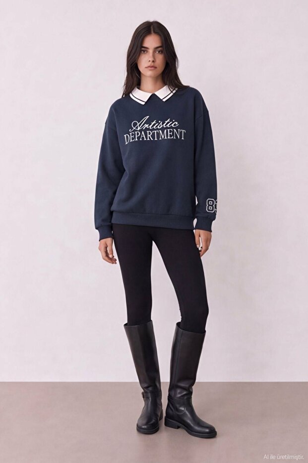 Women's Navy Blue Embroidery Detailed Sweatshirt
