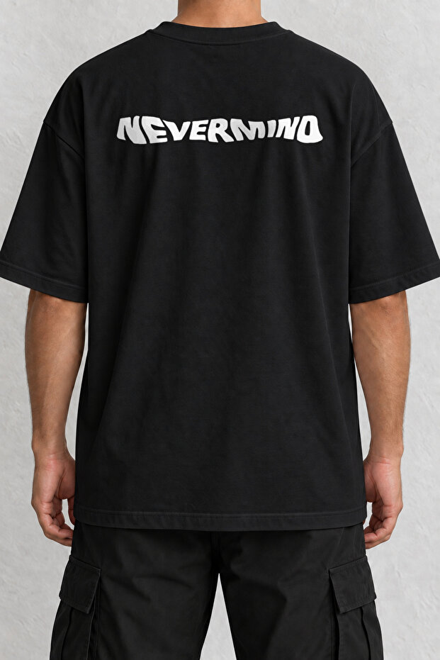 Nevermind Wavy Text Back Print Oversize Black T-Shirt