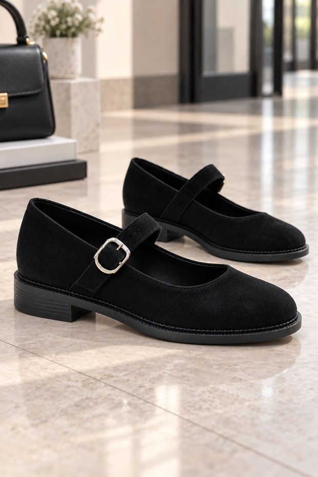 Clara Women's Black Suede Belted Mary Jane Ballerina Shoes with Orthopedic Soles