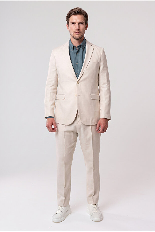 Slim Fit Beige Plain Suit