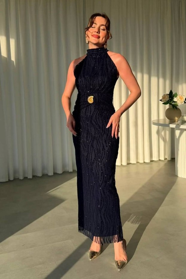 Women's Halter Neck Zebra Sim Patterned Long Evening Dress with Metal Accessories and Zipper and Laces