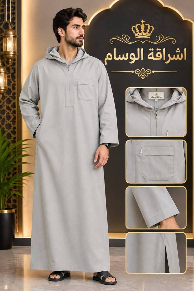 جلابية رجالية من الوسام كاجوال مودرن مع قبعة وسحاب