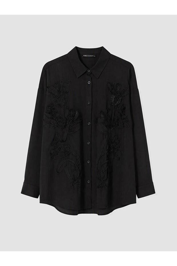Vizyon New Season Black Embroidered Women's Shirt Tunic