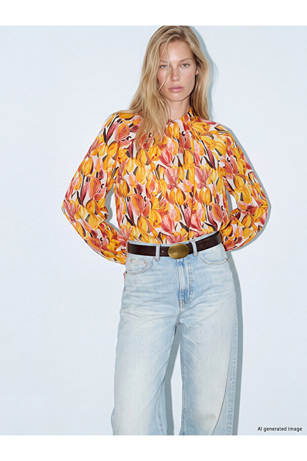 Peak New Season Orange High Collar Patterned Pleated Blouse