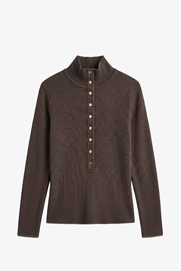 Brown Celis Half Fisherman Snap Fastener Sweater
