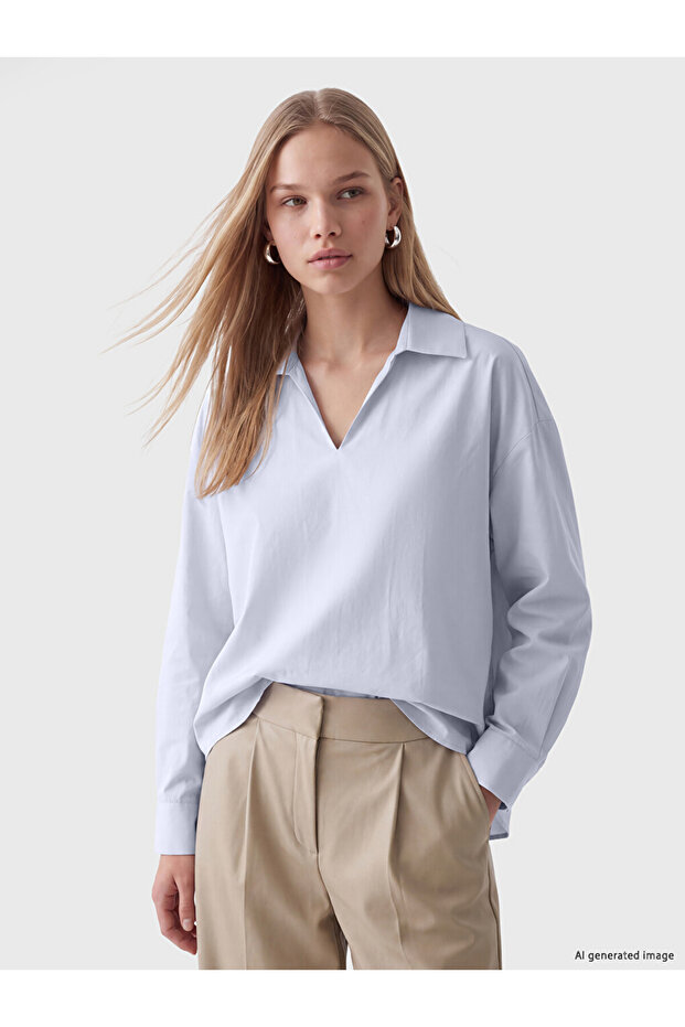 Özmarka New Season Blue Oversize Poplin Women's Shirt