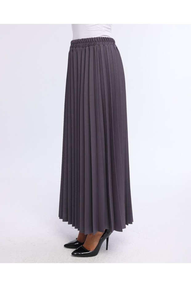 Gray Pleated Women's Long Crepe Skirt with Elastic Waist, Pleated, Comfortable