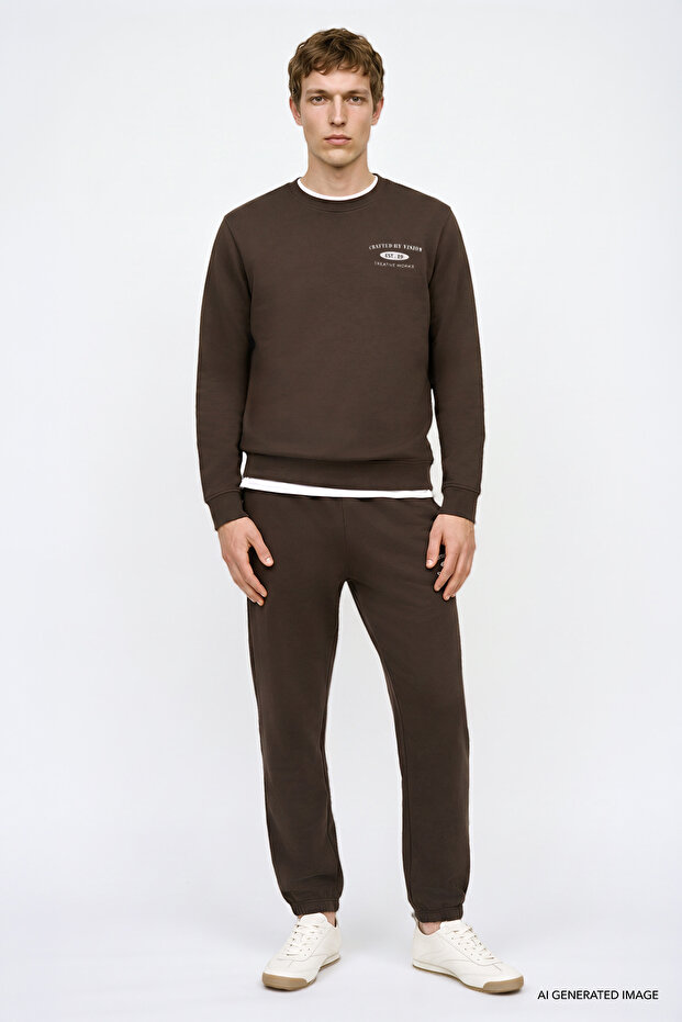 Men's Bitter Brown Cotton Standard Fit Regular Cut Crew Neck Narrow Leg Sweatpants Set