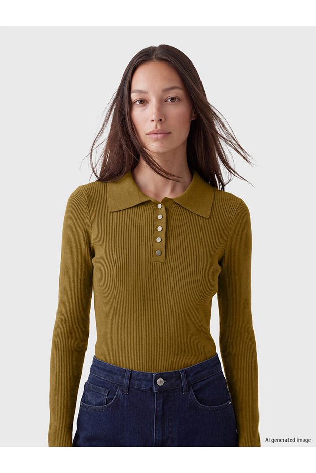 Vizyon New Season Green Polo Collar Women's Ribbed Knit Sweater