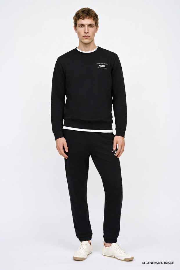 Men's Navy Blue Cotton Standard Fit Regular Cut Crew Neck Skinny Leg Sweatpants Set