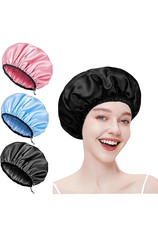 3Pcs Reusable Double Layer Satin Lined Shower Cap, Waterproof Bath Cap with Soft Satin Inter