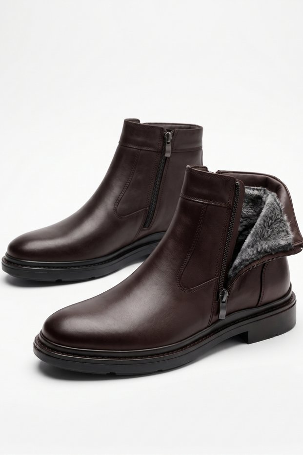 Genuine Leather Brown Zippered Fur Men's Winter Boots Luass30Al0087