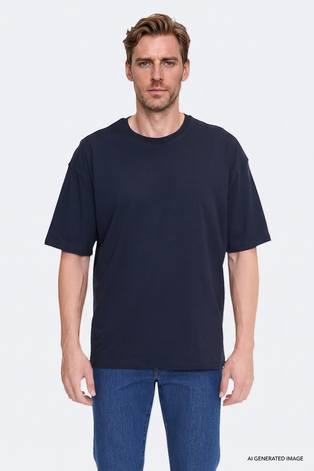 Men's Navy Blue 100% Cotton Oversize Fit Comfortable Cut Crew Neck Basic T-Shirt